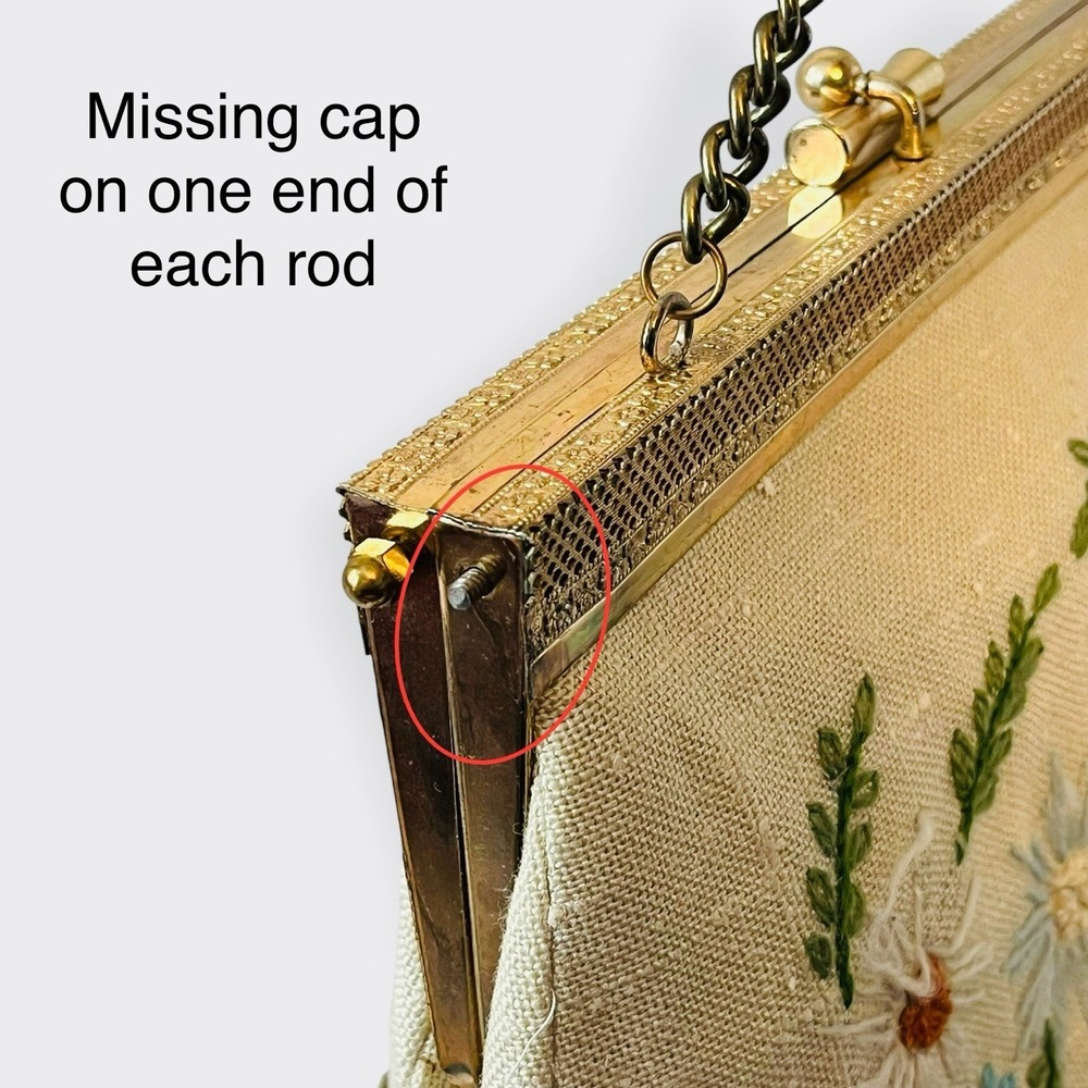 Vintage Crewel Floral Embroidery Bag Gold‎ Frame Needlepoint Off White Clutch - Picture 7 of 12